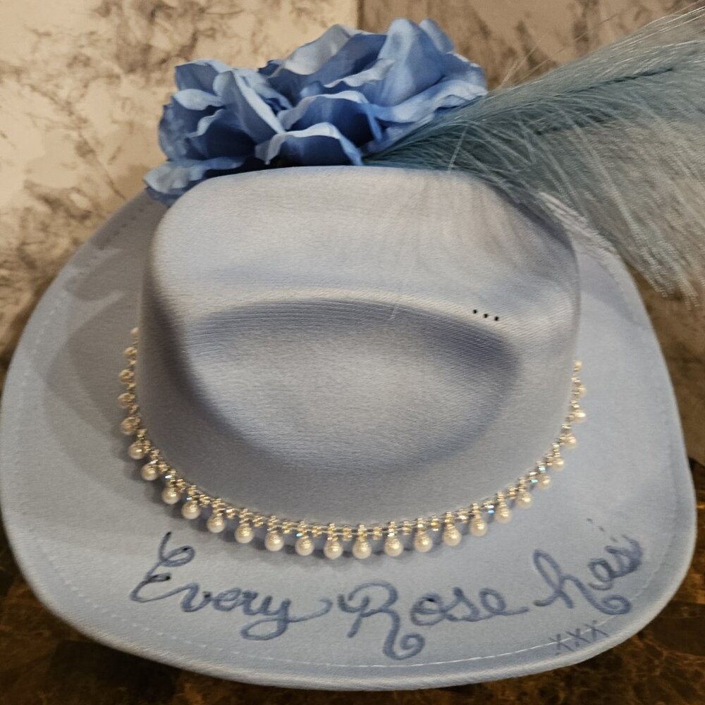 Custom Baby Blue Fedora burned Every Rose Has its Thorns - Picture 5 of 5
